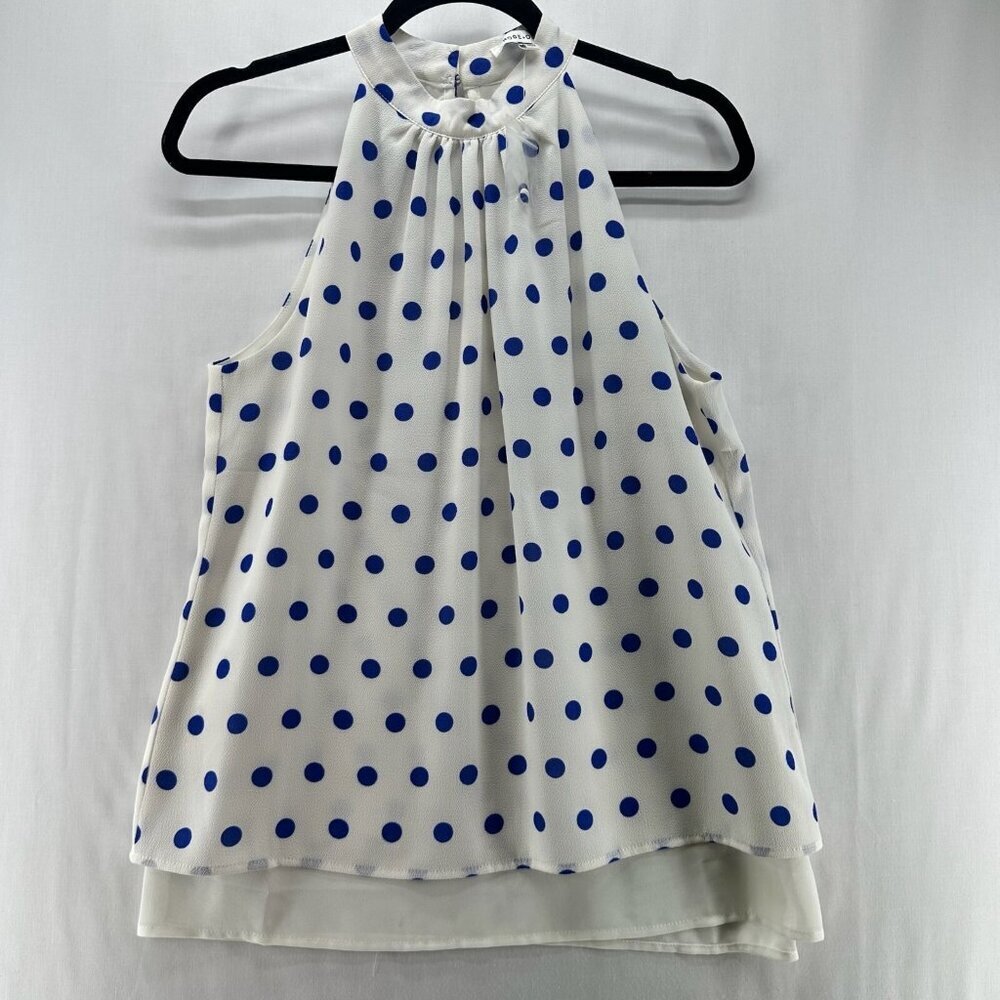 Rose Olive Blouse Womens S Halter Sleeveless Layered Casual Polka Dot White Blue